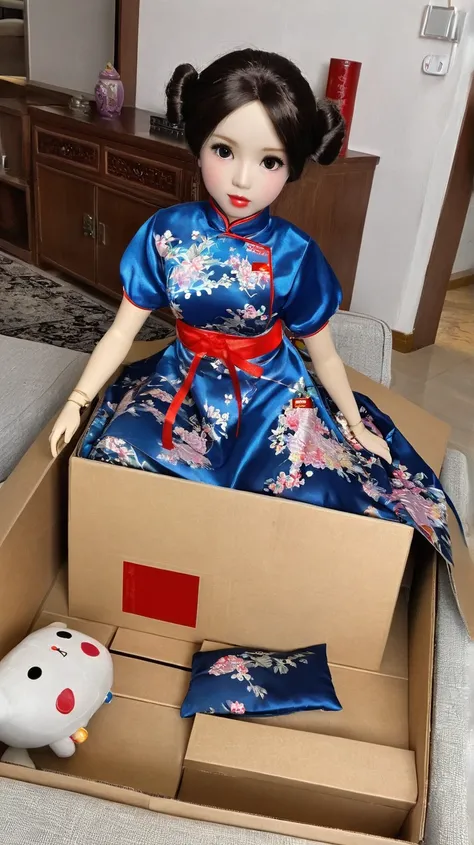 Unboxing real doll. the doll in the box, bimbo body style, fully clothed, wearing Chinese dress. the box is on the table of living room,