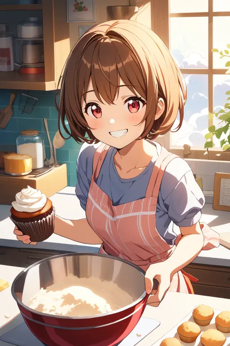 1 girl, (cute face), , short hair, (happy grin), (holding a cupcake:1.2), small breasts, (wearing a cute apron), colorful patterns, (baking scene), BREAK  
Cozy kitchen, warm lighting, (surrounded by baking supplies:1.2), a mixing bowl, (flour clouds:1.2),...