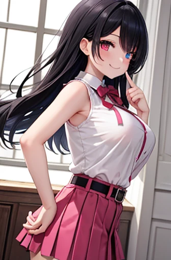  1 girl in uniform, Alone, from side, hand_On_own_Hip,  side bust , Smile of joy, One eye close, finger On the mouth,  bow tie,  short skirt ,gem, indoor, black and pink shirt, neck ribbOn,  sleeveless, belt, black hair long hair, big breasts、