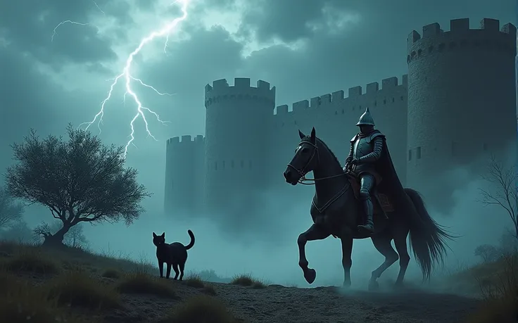 Dark Cold weather, castles, knight,lightning, horse, cat, olive tree, blue, UHD, Super Detailed, 