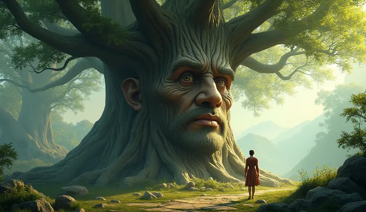 A wise-looking, gigantic tree with a human-like face carved into the trunk, speaking to a  standing in awe.