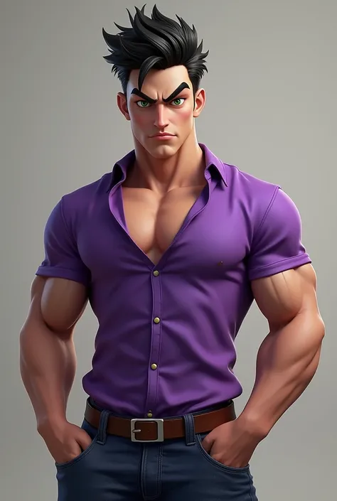 the guy is 25 years old, strong build, black hair, green eyes, frowning, dressed in a purple shirt and jeans. more realistic