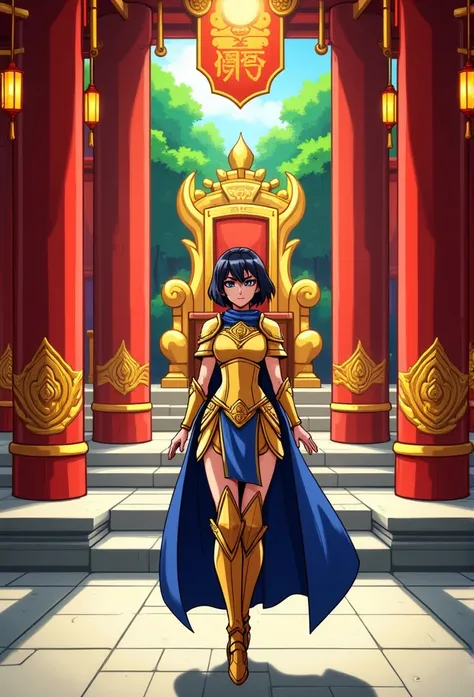 A strong and elegant woman with Asian features, her jet-black hair cut short and styled to frame her face with a mix of precision and grace. She wears a golden valkyrie-style armor, beautifully crafted with intricate details that reflect her dual nature of...