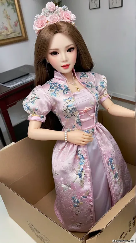 Unboxing real doll. the doll in the box, bimbo body style, fully clothed, wearing Chinese dress. the box is on the table of living room,