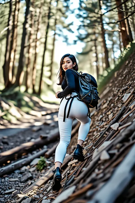 Portrait Realistic Photography Masterpiece High Quality Photo Masterpiece High Resolution Realistic Photorealistic Sexy Pose Portrait Realistic Photography. A beautiful Asian woman wearing a mountain climbing outfit, a black long-sleeved shirt and white sl...