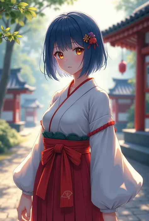 The background is a Japanese shrine ,  Japanese-style short hair that reaches the chin, Blue hair ,  Gold Eyes ,  gentle eyes on a dog ,  girl wearing a hakama with red bottoms, A girl wearing a hakama with red bottoms to make the girl come out big 