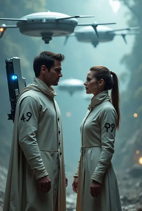 TECH - 49 Jack Harper e Victoria de Oblivion.  and several drones flying around .  The drones are balls with numbers .  And Jack has a light gray futuristic weapon with blue light .
 Jack and Victoria at war 2025

Victoria has light brown hair.
Victoria te...