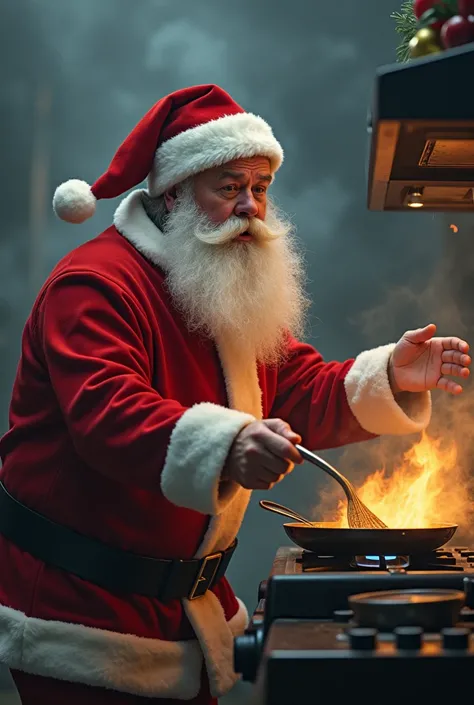 Santa Claus desperate because the cooking gas ran out just as he was cooking on the stove without a fire, Blurry  background  