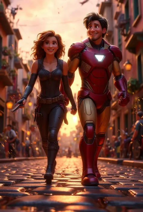 "Iron Man and Black Widow walking side by side toward the camera with a confident and determined stride, set in a cinematic, realistic style. Iron Man is in his iconic red and gold armor, glowing arc reactor visible on his chest, while Black Widow is in he...