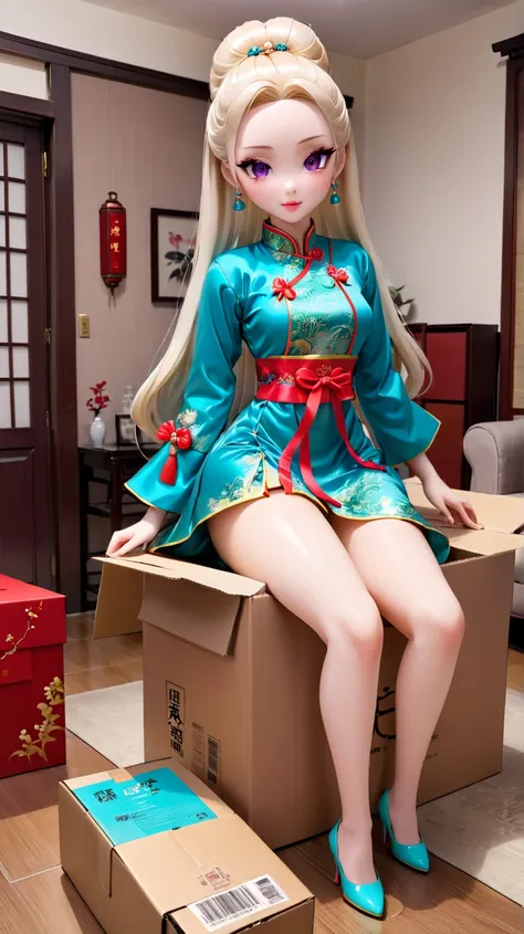 Unboxing real doll. the doll in the box, bimbo body style, fully clothed, wearing Chinese dress. the box is on the table of living room,