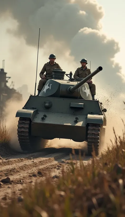  
"An intense scene of an American Sherman tank advancing through the countryside during World War II, with a team of soldiers riding on its sides. The background shows a destroyed enemy stronghold, with smoke rising from the wreckage. The Sherman is depic...