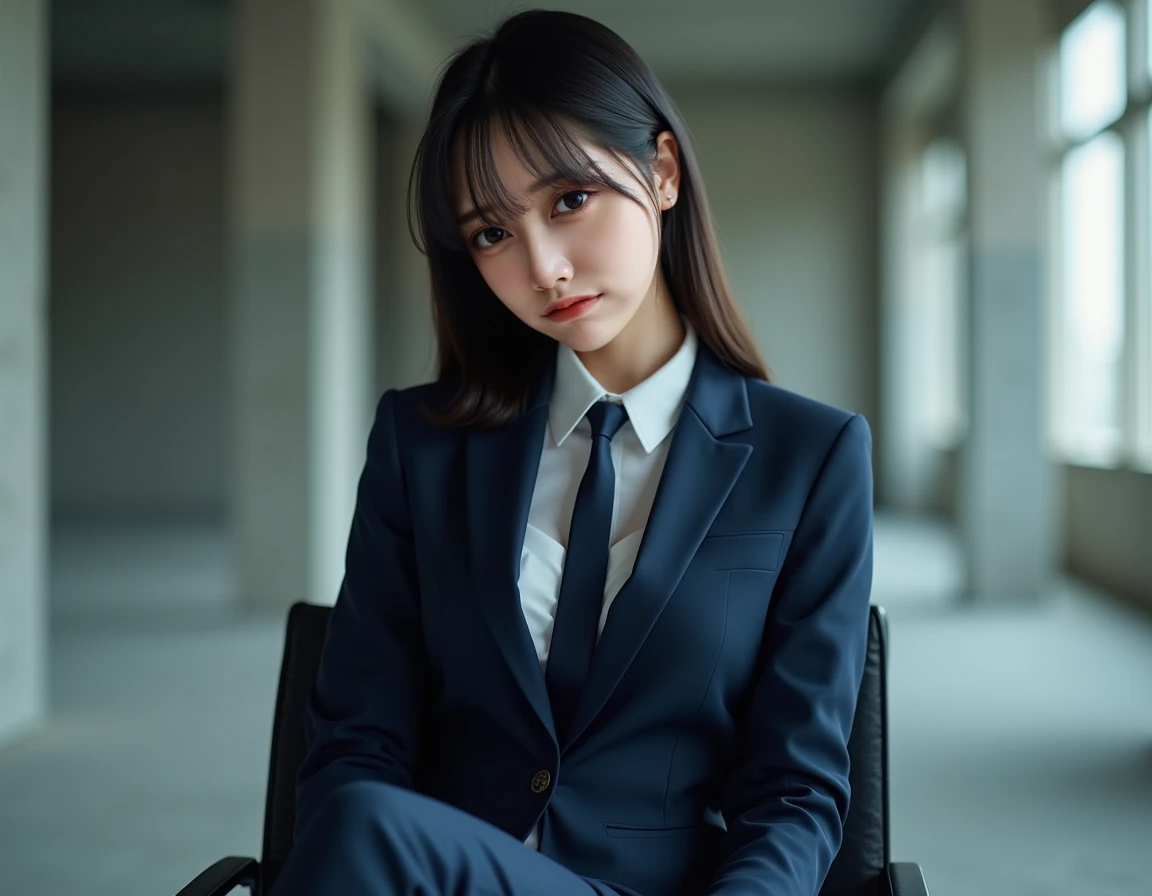 (Chinese woman in navy blue suit and tie、 sit on a chair),  strict suit appearance , uniform, (SFW)Safe for work, Big Breasts, JKuniform,  girl in suit ,  cyber schoolgirl , bangs,  Japanese woman with a viewing angle of, (Unfinished building), (( turn you...