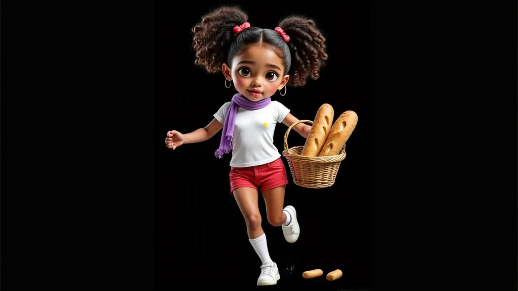 Inspired by Disney Pixar drawings, posters, and movies, create the front image of a  girl, beautiful, sensual, and attractive, with a basket with two loaves of bread in a plain white t-shirt, very short, tight shorts that reach the middle of her vagina, re...