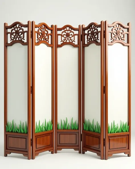 The image has a strong traditional atmosphere, a furnishing consisting of five screens in a traditional Chinese style, with a wooden design for the borders of the screens and openwork carvings of Chinese motifs above them, reflecting a strong sense of orie...