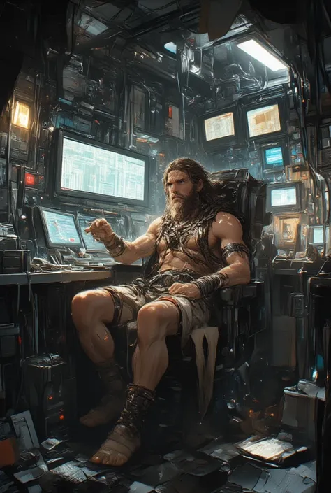 a 30-year post-apocalyptic survivor, with long hair and huge beard,  wearing natural tribes clothes, is sitting in a chair and talking to a screen in a cavern full of computers, servers, wires, and AI-related stuff
