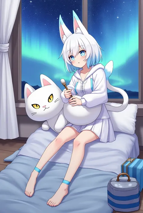 The white-haired woman, the ends of the hair are light blue, wearing a short skirt pajamas, with a fox tail, the tail of the tail is light blue, the eyes are blue in the eyes are yellow stars, wearing a white fox hood, there is a big white cat doll and is ...