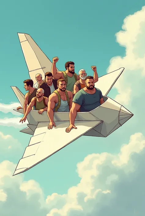  Create a drawing of a paper airplane with 11 male crew members one is fat with a goatee,  