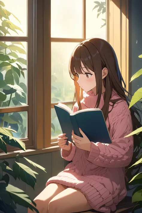 1 girl, (cute face), , long hair, (thoughtful expression), (reading a book:1.2), medium breasts, (wearing a cozy sweater), (sitting by a window), BREAK  
Rainy day outside, warm indoor light, (surrounded by plants:1.2), a mug of hot cocoa, (serene atmosphe...