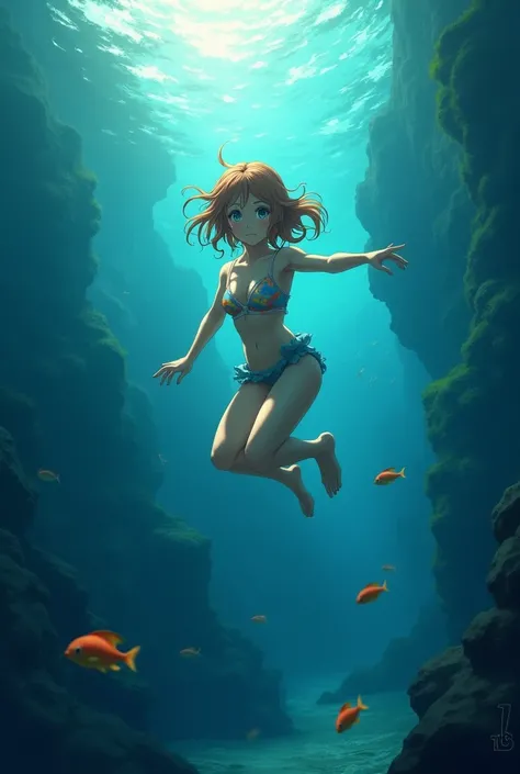 A girl swims in the ocean, swimsuit,  anime girl, Beautiful surroundings, water, fish, Atmosphere, mystery, depth, darkness, low light 