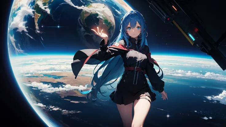 1 girl with long blue hair,Look at the Earth, it&#39;s a distorted world　From the side