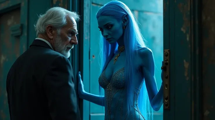 a sexy blue alien girl with deep detailed face, long hair, in dress, standing at the door and an old man looking towards her.