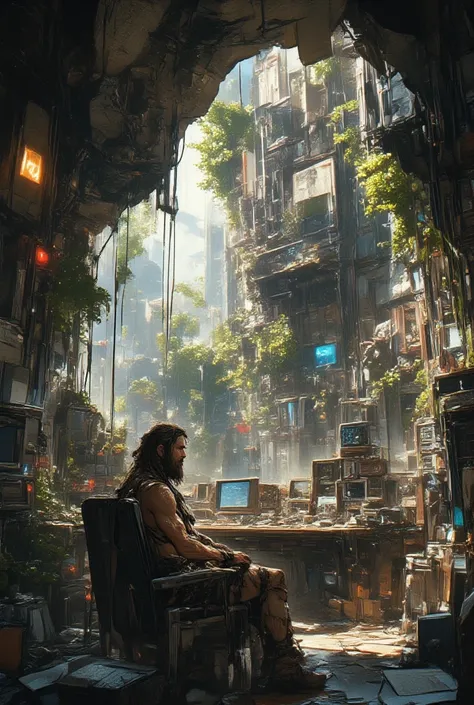 a 30-year post-apocalyptic survivor, with long hair and huge beard, wearing natural tribes clothes, is sitting in a chair and talking to a screen in a cavern full of computers, servers, wires, and AI-related stuff. The cavern look really old, its here sinc...