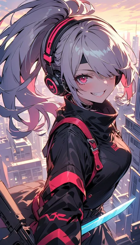  beauty　protective clothing　headband　 Headphones 　 Japanese Knife 　 assault rifle 　 ponytail　 hair over one eye　smile　Reckless attitude　Evil expressions　Provocative attitude　 Cyberpunk　Machine City　rooftop　Overlooking the city