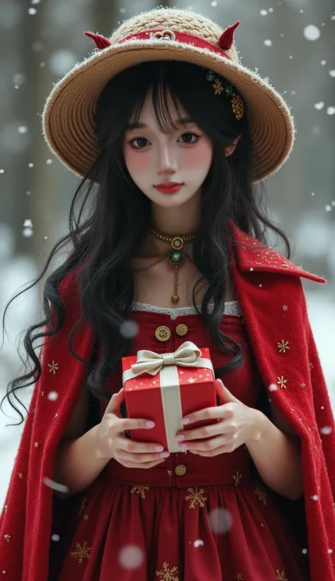 girl,  unique ,  red eyes ,  dark haired,  long hair, Wool Hat , Red sundress , Red cape holding a gift box , Christmas theme,  snowflake background Christmas costume