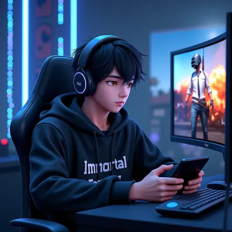  yotube avatar for Pubg .  Handsome 3D anime guy with dark hair ,  in a black hoodie with the words ON THE CHEST  "IMMORTAL FAMILY" . SITS ON A GAMING CHAIR WITH HEADPHONES ,  PLAYING PUBG ON HIS SMARTPHONE,  IN FRONT OF A COMPUTER MANITOR WITH PUBG , LOTS...