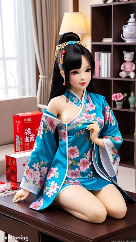 Unboxing real doll. the doll in the box, bimbo body style, fully clothed, wearing Chinese dress. the box is on the table of living room,