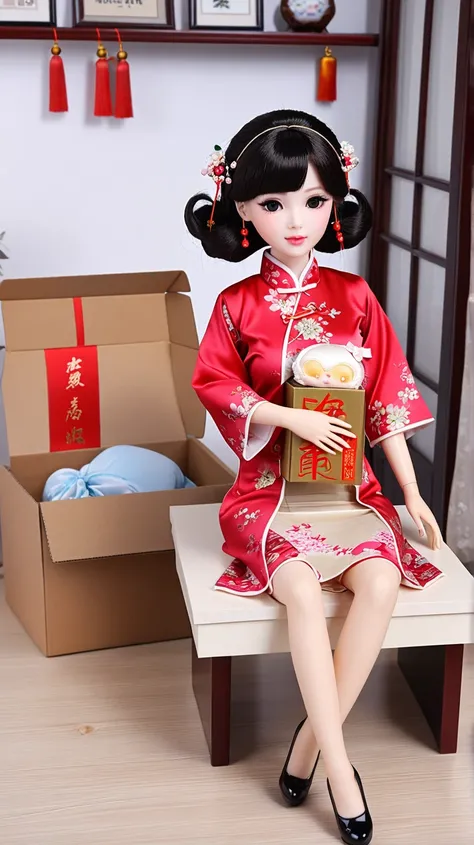 Unboxing real doll. the doll in the box, bimbo body style, fully clothed, wearing Chinese dress. the box is on the table of living room,