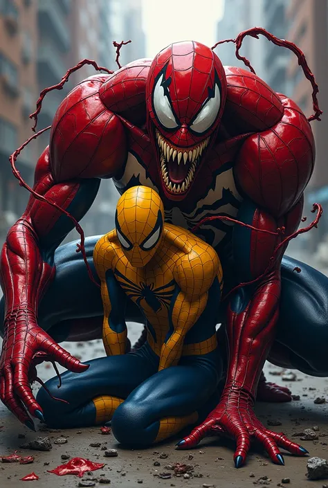 Yellow Spiderman got eated by red vnom