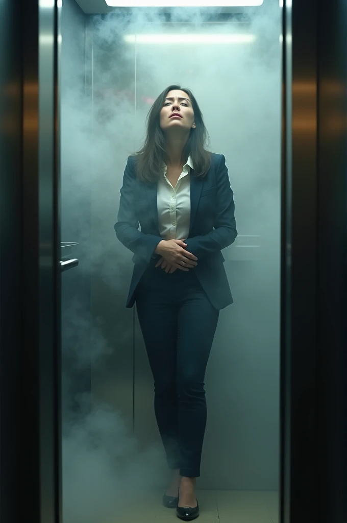 The place is inside the elevator .  Theres an office lady in her 20s .  Shes sweating .  Shes hugging her stomach and hips.  Theres steam all around her .