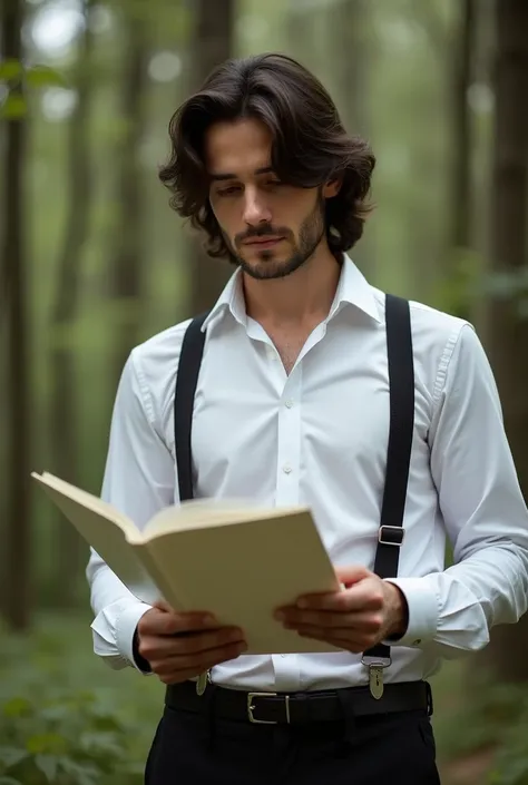  a dark-haired man  (24 years)  is standing in the woods holding a script . He has medium-length dark brown hair , dark brown eyes,  is wearing a white curled up shirt and suspenders. He looks european and has longer hair.  In his hands he has a film - scr...