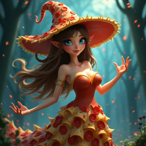 Make a pizza with Blue Eyes,  Long hair,  witch hat ,  Big breasts , 