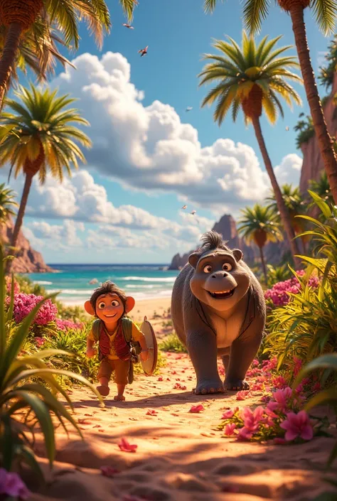 A 3D illustration in Disney Pixar style, featuring little monkey Lelo andelephant Duke walking along a sandy trail surrounded by dunes and coconut trees. Lelo is in the lead, carrying his surfboard, while Duke follows with a backpack. In the distance, you ...