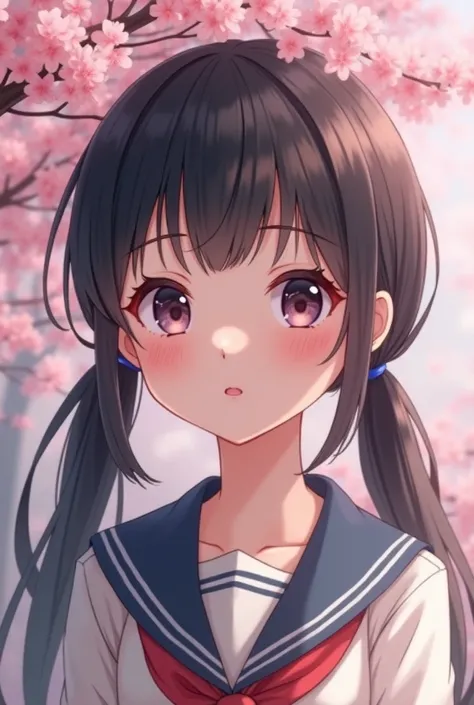 A front portrait of a petite girl with fair skin, long silky black hair tied in pigtails, and a soft smile. She wears a school uniform, with a softly blurred cherry blossom tree in the background.