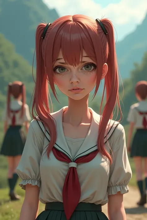 photographic style,  realistic .  A woman with reddish brown hair and green and brown eyes. playing. She has pigtails and is dressed as a school girl, She is blushing .  She has big, marked tits .  There are more girls and boys in the background , blurry ....