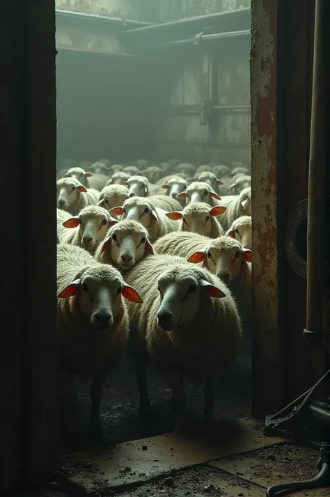 Sheep trying to hide in a slaughterhouse soiled with urine and a little bit of blood 