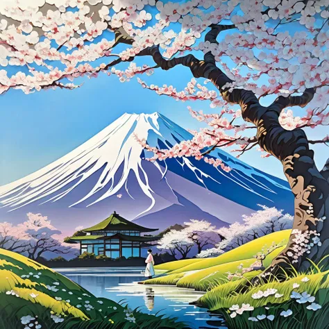 A fusion of oil painting and watercolor, a fusion of paper cutting and shadow art, Mt. Fuji, cherry blossom art, top quality, ultra high definition, 16k, incredibly absurd, highly detailed, delicate and dynamic, clear grassland, dazzling sunlight, large fr...