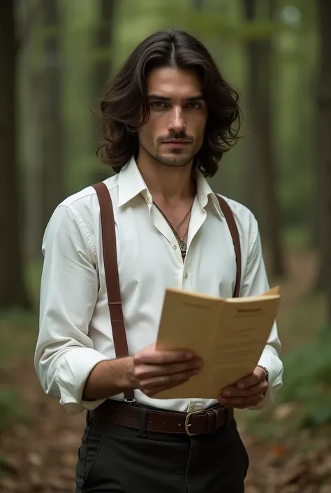  a dark-haired man  (24 years)  is standing in the woods holding a script . He has medium-length dark brown hair , dark brown eyes,  is wearing a white curled up shirt and suspenders. He looks european and has longer hair.  In his hands he has a film - scr...