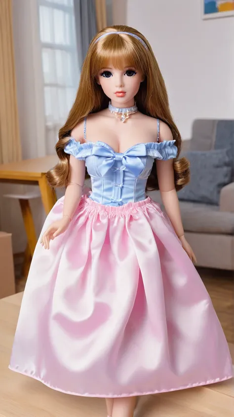 Unboxing real doll. the doll in the box, bimbo body style, fully clothed, wearing bimbo dress. the box is on the table of living room,