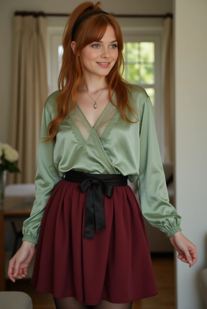 ultra Realistic upper body of a beautiful young red haired German woman with ponytail, headband, Necklace, smile. Beautiful legs and high heels , She stands in the livingroom, She wears a light green satin lacetop with long sleeves and a tight, burgudy kne...