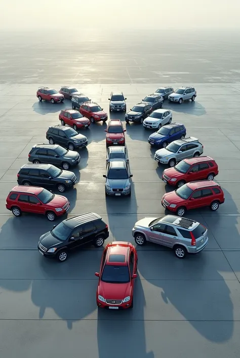 There were 27 Honda CRV 2003 cars and 23 Honda CRV 2002 cars parked in a horseshoe shape. The background is a wide concrete yard.