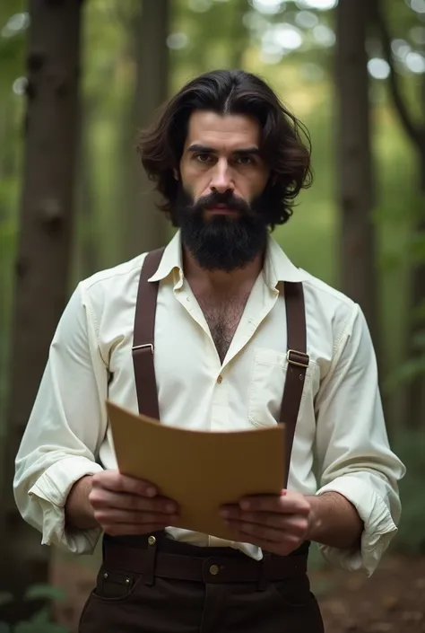  A dark-haired man  (24 years)  is standing in the woods holding a script .  He has medium-length dark brown hair  , dark brown eyes,  is wearing a white curled up shirt and suspenders. He looks european and has longer hair.  In his hands he has a film - s...