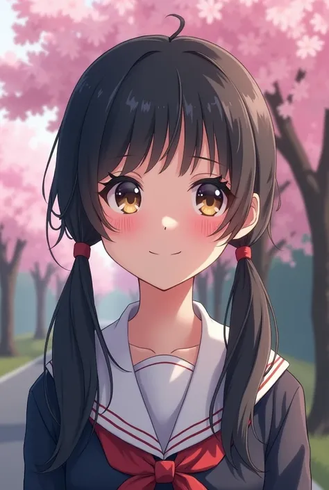 A front live portrait of a petite girl with fair skin, long silky black hair tied in pigtails, and a soft smile. She wears a school uniform, with a softly blurred cherry blossom tree in the background.