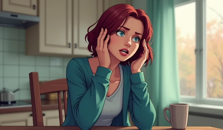  Draw a woman with short dark red hair.  She is sitting at the kitchen table wearing home clothes . The woman clutched her head in confusion . There is emptiness in the eyes. 

 Image style - Marvel Comics 