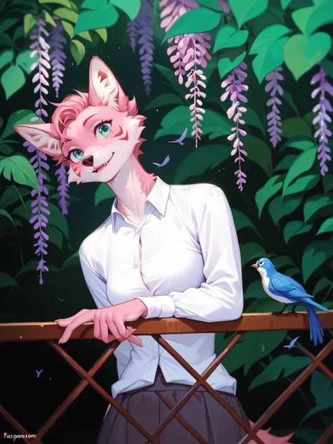 (The highest quality, a masterpiece), furry fox, female, pink fur, red marks on cheeks, relaxed pose, (perfect anatomy, perfect fingers), white blouse, leaned against a carved railing, next to a blue bird, background a luxurious garden with wisteria