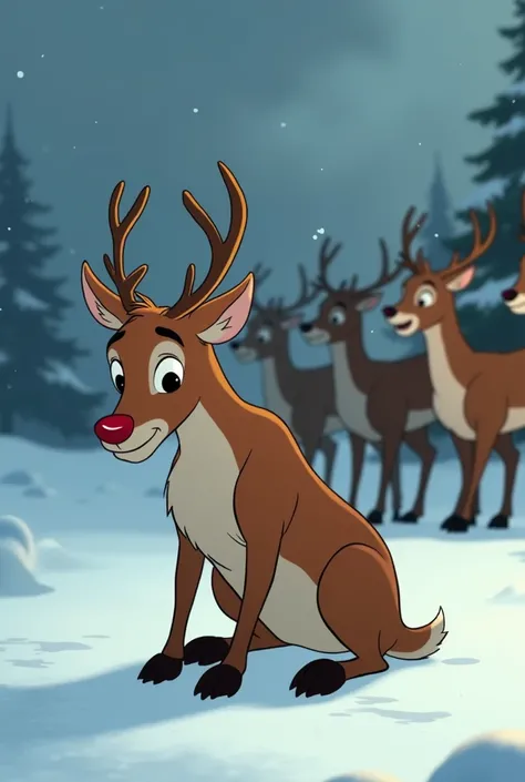 Create an animated image of Rudolph sad while behind his back there are reindeer laughing at him