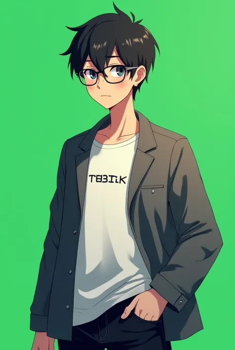 an cool university student, (male), ((short fade hair)) wears narrow mental frame glasses, wear gray coat, white plain T-shirt, black jeans ,((green background)),(anime style), (cinematic lighting), (ray tracing), ((reflection light)), ((half-body-shot)), ...